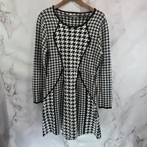 Calvin Klein Dress Women Large 12 14 Black White Houndstooth Sweater Knee Office
